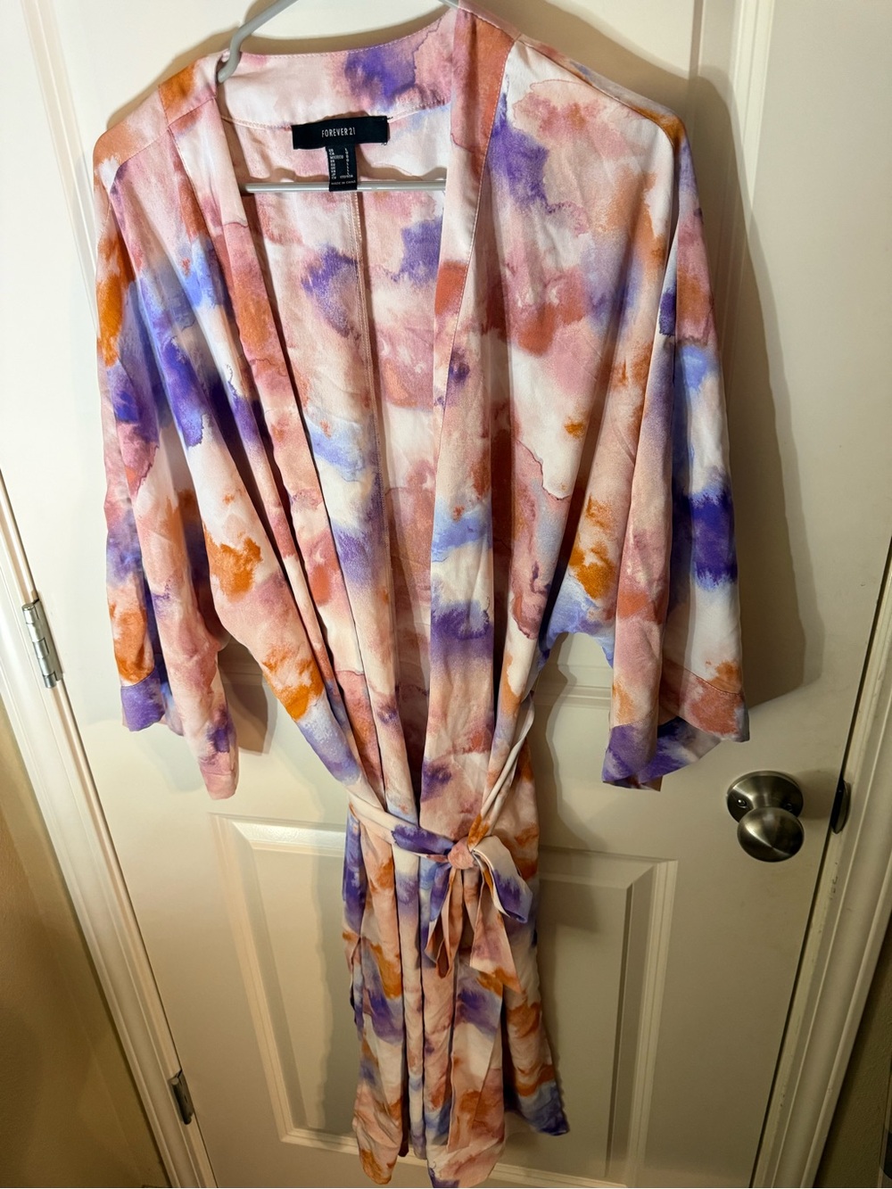 Forever 21 Swim Cover Up Large Watercolor Kimono Pink Purple Belted Beach Resort